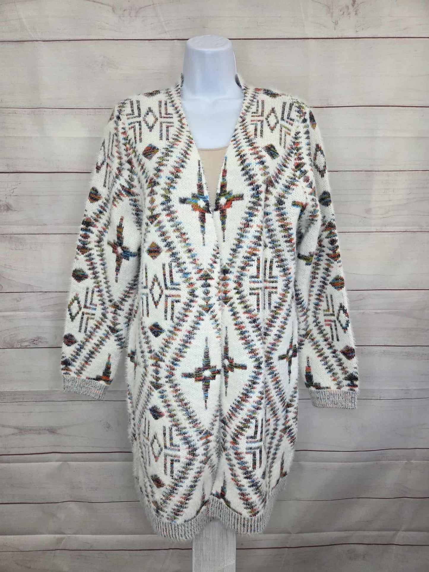 XLARGE WOMEN'S LONG SLEEVE OPEN FRONT MULTI PRINT FUZZY CARDIGAN