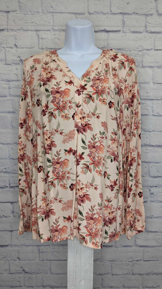 XXSMALL PINK FLORAL A392138 Denim & Co. Printed V-Neck Long-Sleeve Blouse