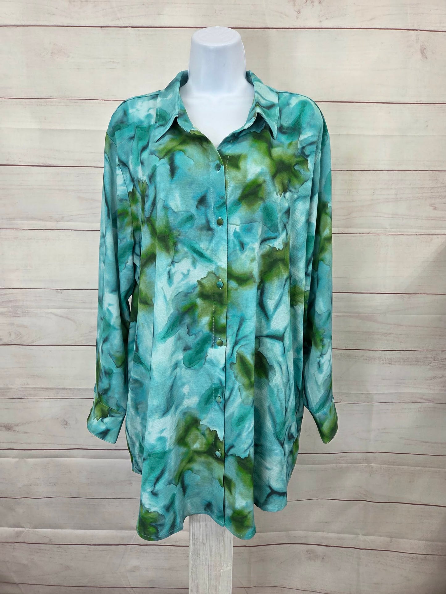 LARGE TEAL A700433 Susan Graver Printed Regular Textured Woven Button Front Duster