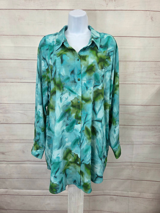 LARGE TEAL A700433 Susan Graver Printed Regular Textured Woven Button Front Duster