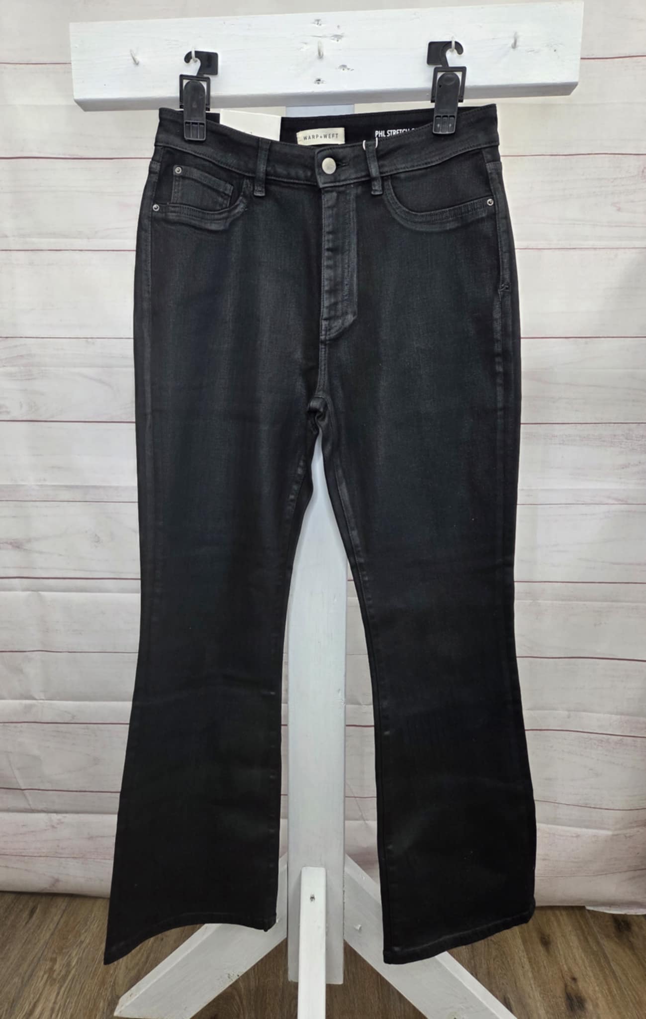 10R BLACK A702853 Warp & Weft PHL Jet-Set Stretch Coated Boot-cut Denim Jeans