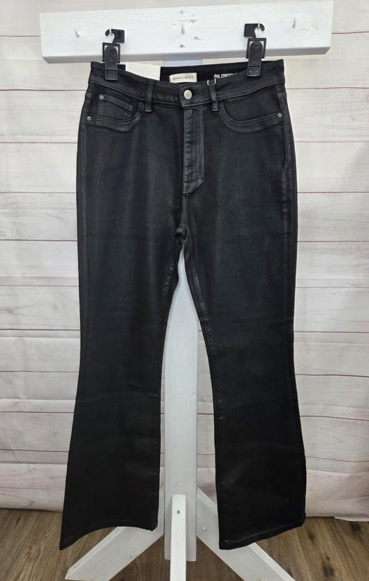 10R BLACK A702853 Warp & Weft PHL Jet-Set Stretch Coated Boot-cut Denim Jeans