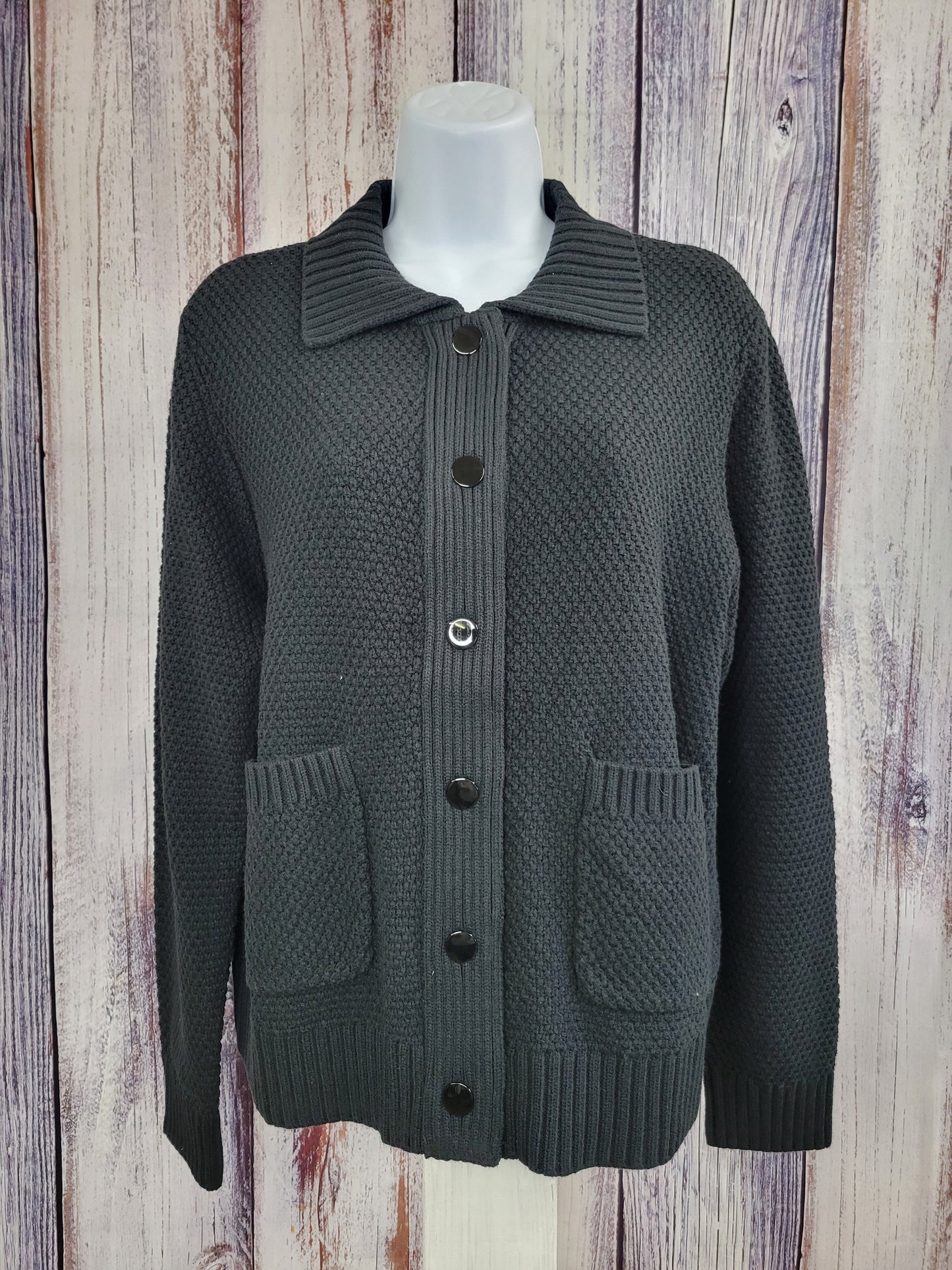 LARGE BLACK A615245 Girl With Curves Novelty Yarn Button Front Long Sleeve Cardigan