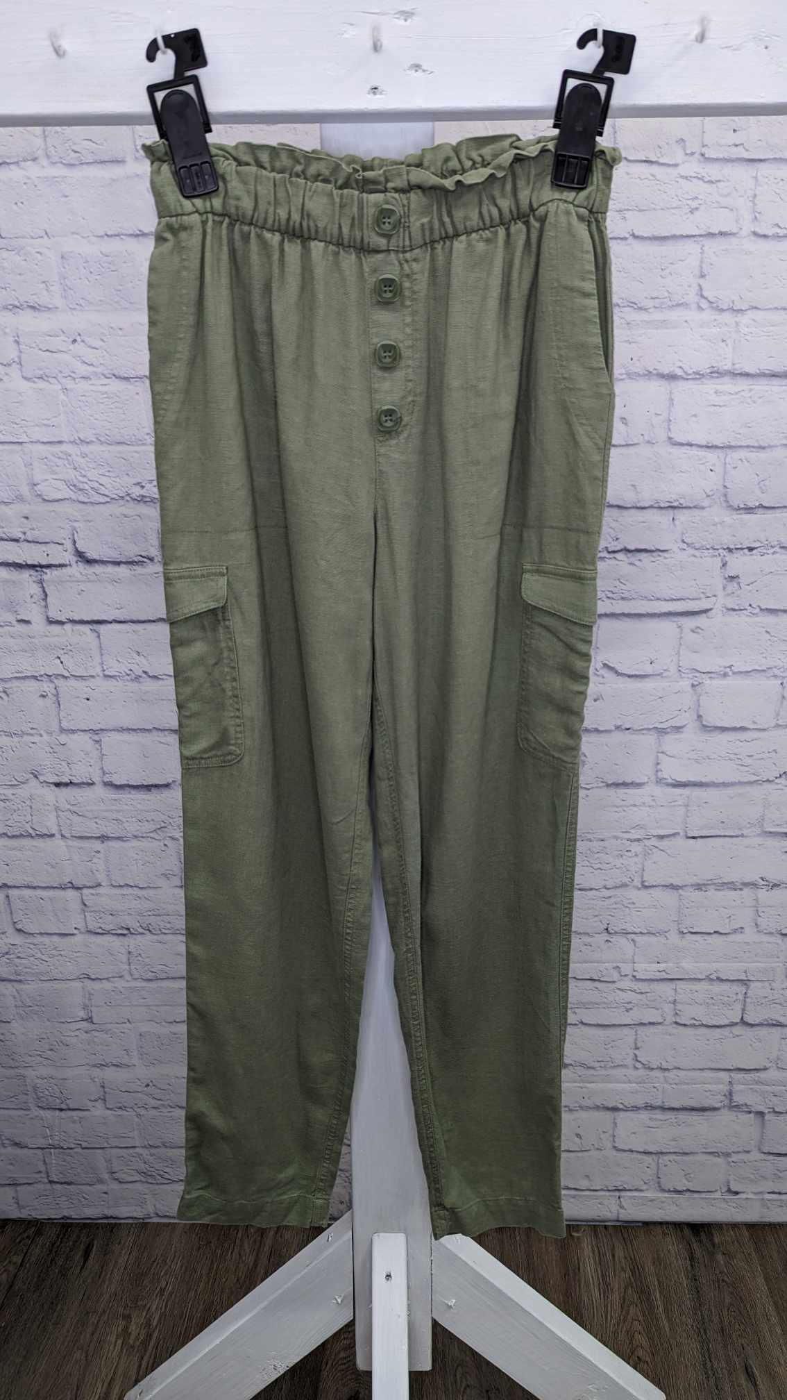 XXSMALL SAGE A393758 Susan Graver Regular Linen Blend Pull-On Cargo Ankle Pants