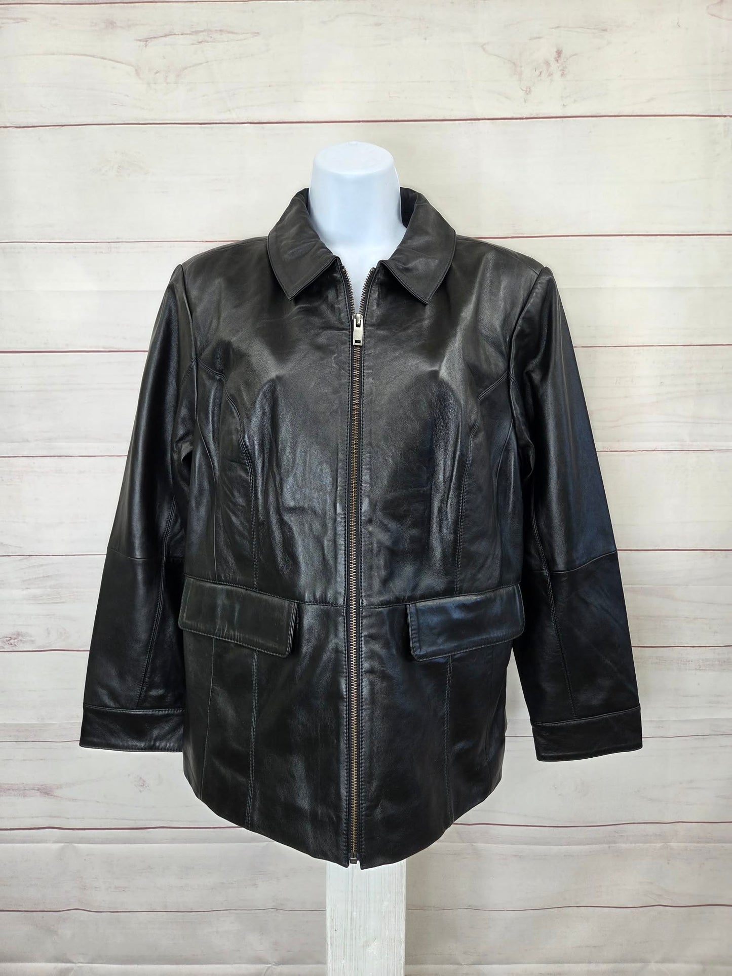 XLARGE PET BLACK A699962 Denim & Co. Petite Lamb Leather Zip Front Jacket