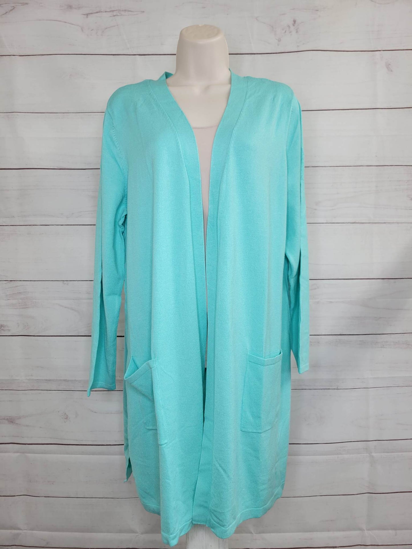 LARGE AQUA A469108 Belle by Kim Gravel Petite Feather Knit Sweater Cardigan