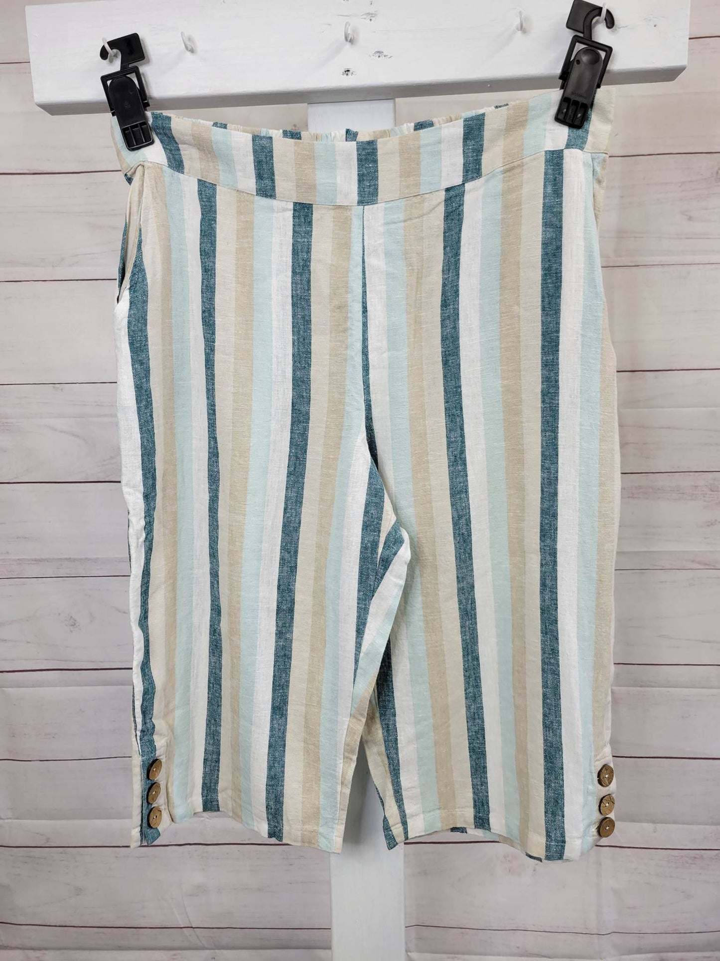 LARGE SPRUCE STRIPE A396108 Denim & Co. Naturals Linen Blend Skimmers with Button Detail