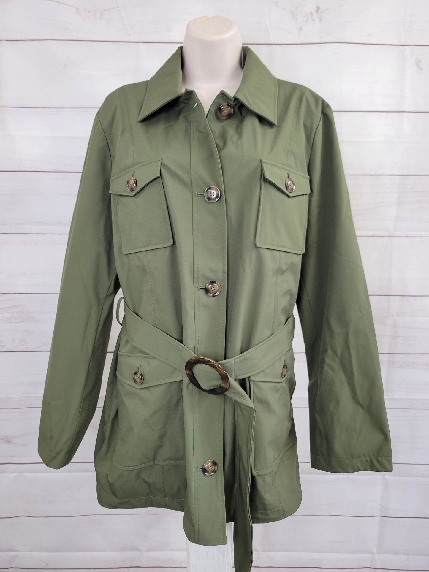 LARGE OLIVE A392453 Dennis Basso Water Resistant 4-Pocket Safari Trench