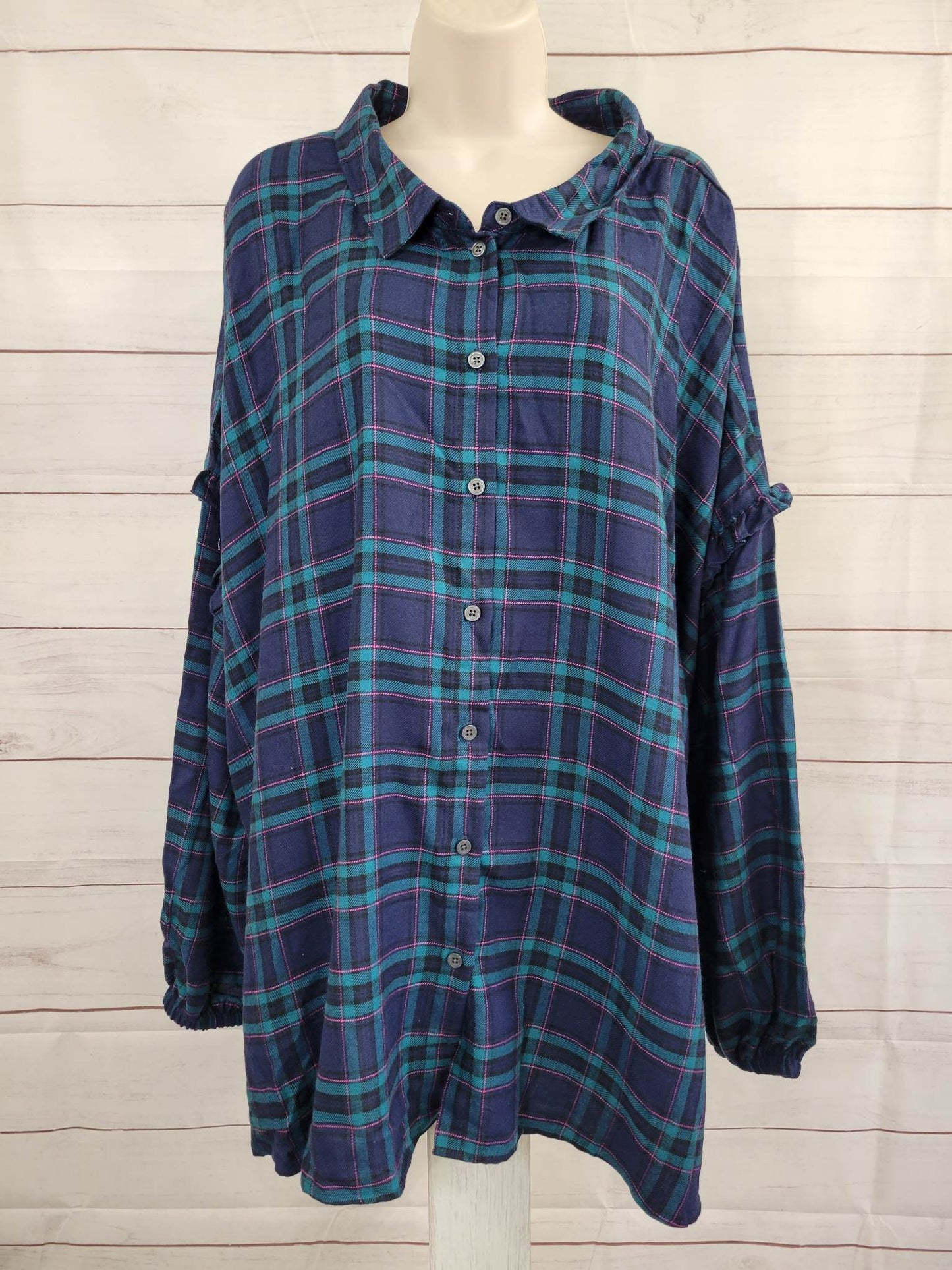 5X PLAID A462110 Candace Cameron Bure Button Front Plaid Shirt w/ Ruffle Detail