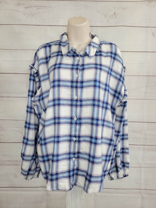 MEDIUM BLUE PLAID A462110 Candace Cameron Bure Button Front Plaid Shirt w/ Ruffle Detail