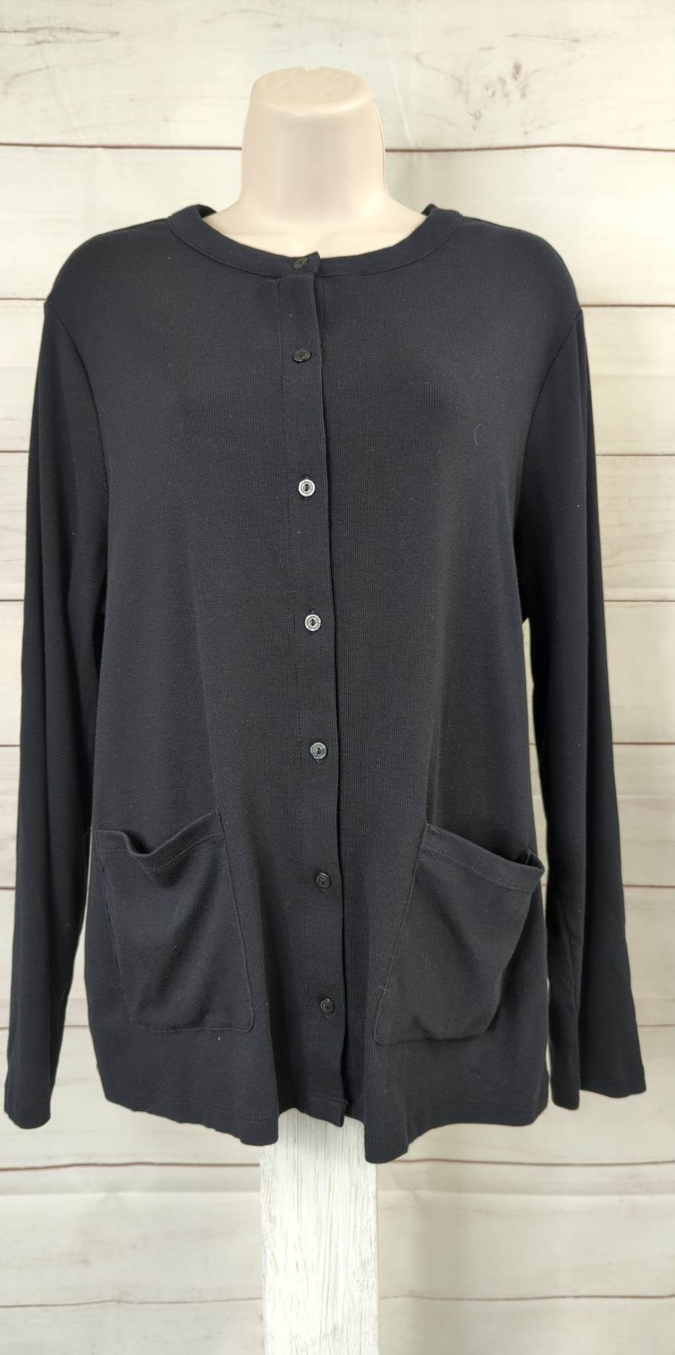 LARGE BLACK A515561 Isaac Mizrahi Live! Essentials Ribbed Pima Cotton Cardigan