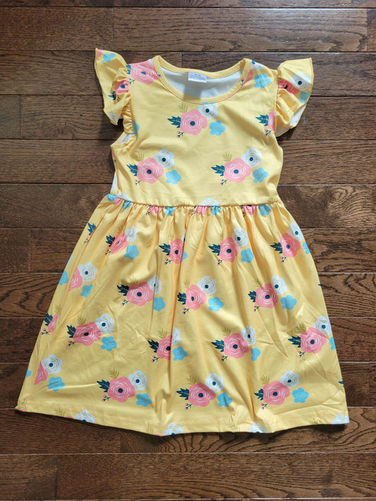 Yellow Dress with Pink Flowers 6-7 Years Kids Small/Medium