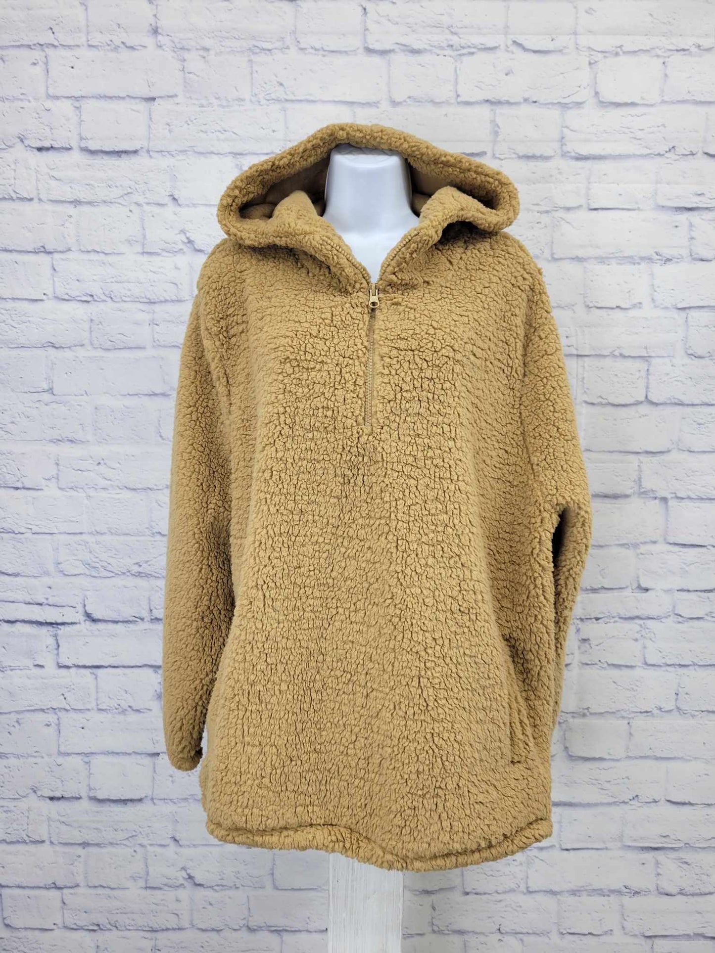 1X CAMEL A386546 Koolaburra by UGG Cozy Brushed Back Sherpa 1/4 Zip Hoodie