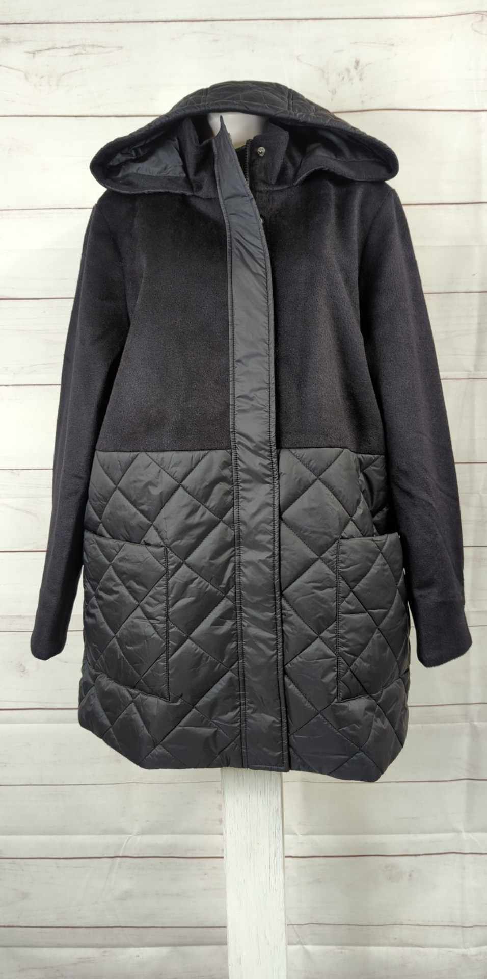 LARGE BLACK A523230 Dennis Basso Mixed Media Quilted Jacket with Hood