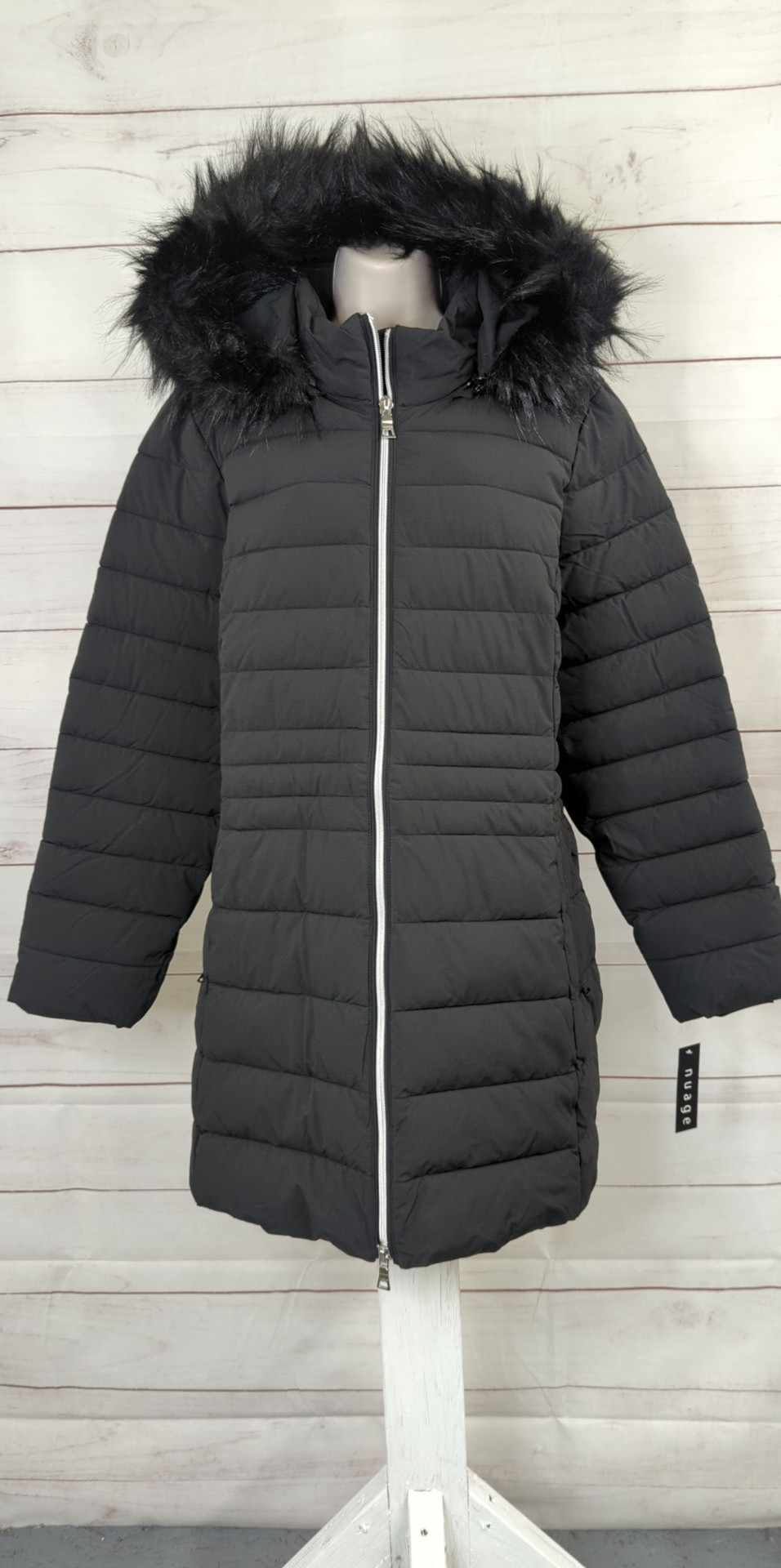 2X BLACK A546059 Nuage Regular Stretch Puffer Coat w/ Removable Faux Fur Trim Hood