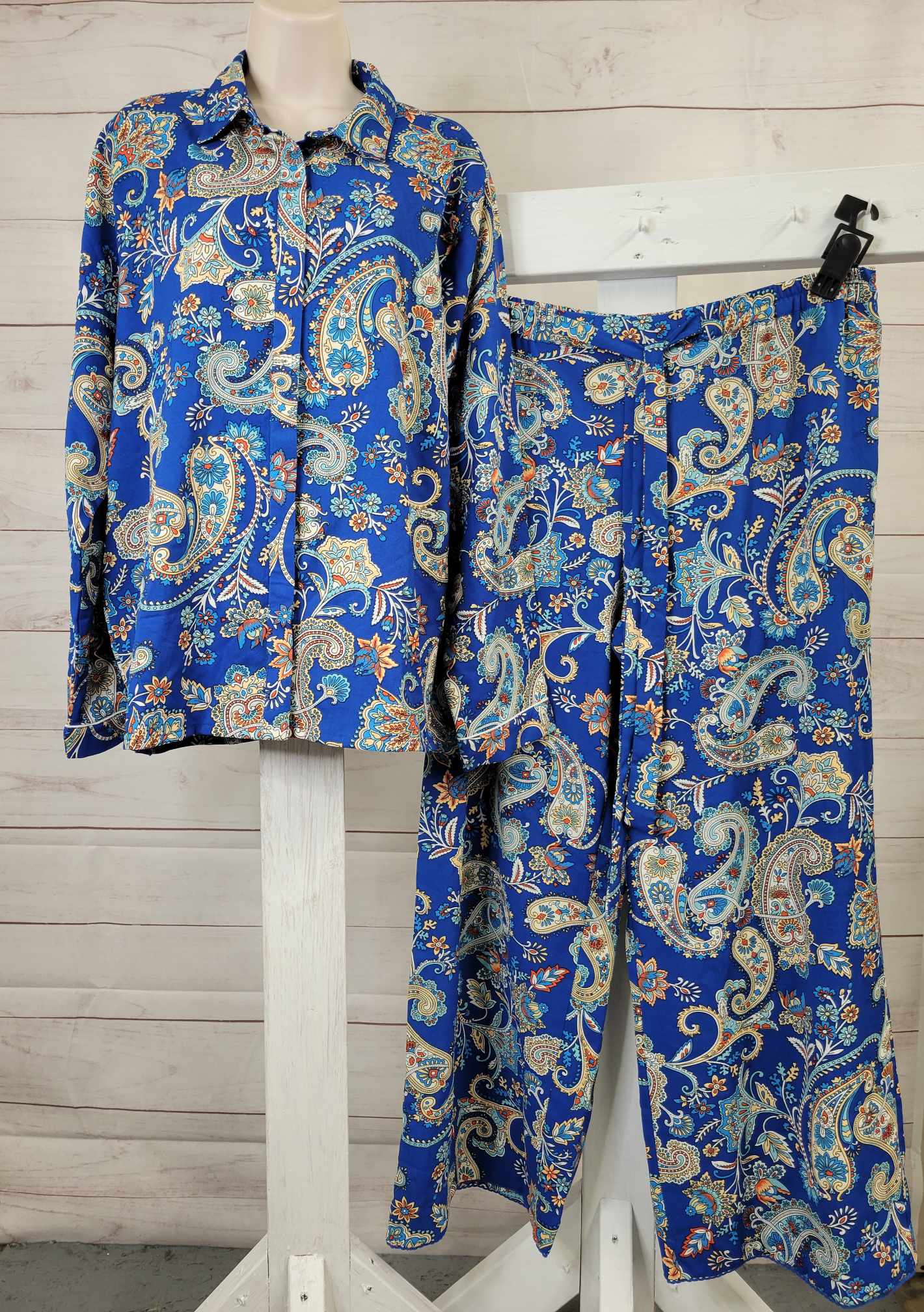 XLARGE BLUE PAISLEY A549365 Tolani Zadie Notched Collar Top & Relaxed Fit Pant Pajama Set