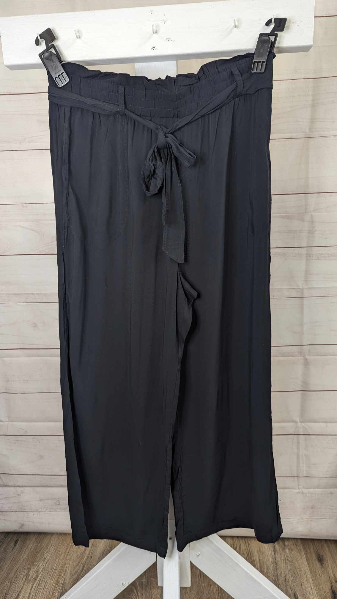 LARGE BLACK A598416 Attitudes by Renee Woven Paperbag Waist Wide Leg Pants