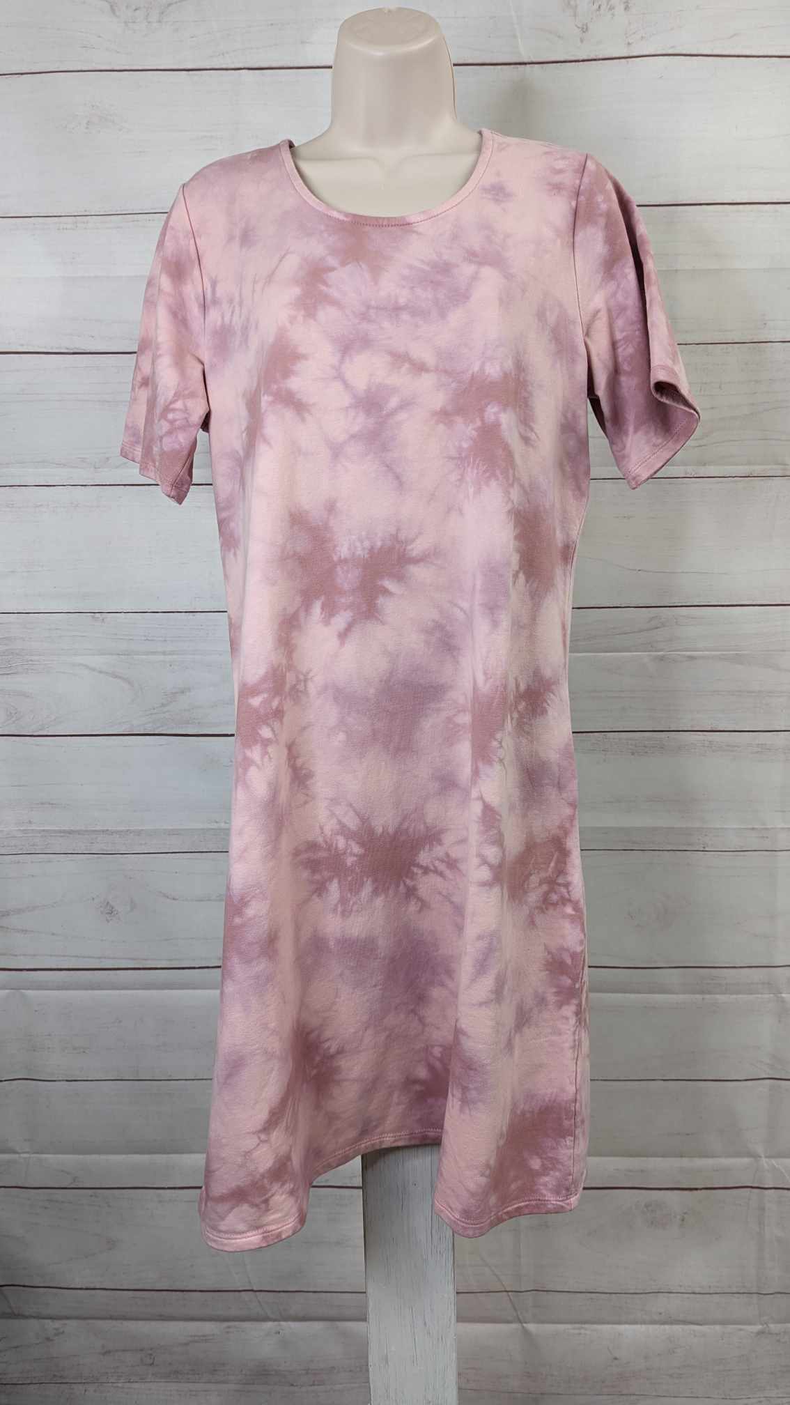 SMALL PINK A471744 Denim & Co. Regular French Terry Crystal Wash Tie-Dye T-Shirt Dress