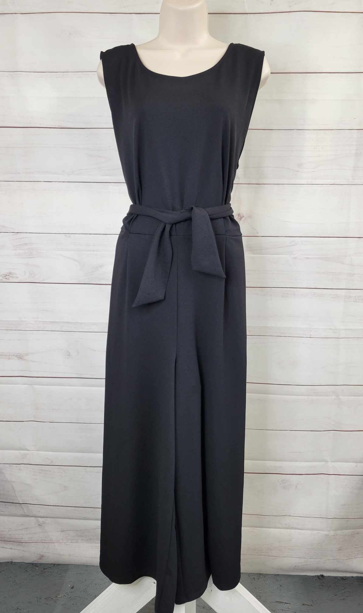 XLARGE BLACK  A366218 Du Jour Regular Cropped Wide Leg Knit Jumpsuit with Tie Waist