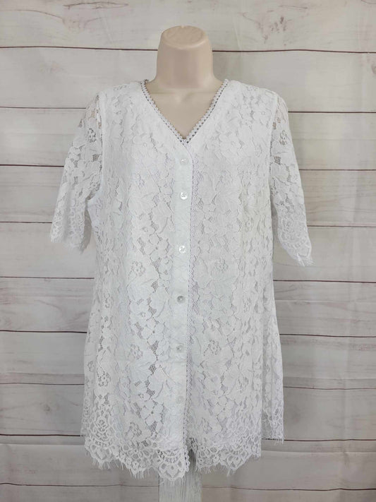 MEDIUM WHITE A392615 Isaac Mizrahi Live! Knit Lace Button-Front Top