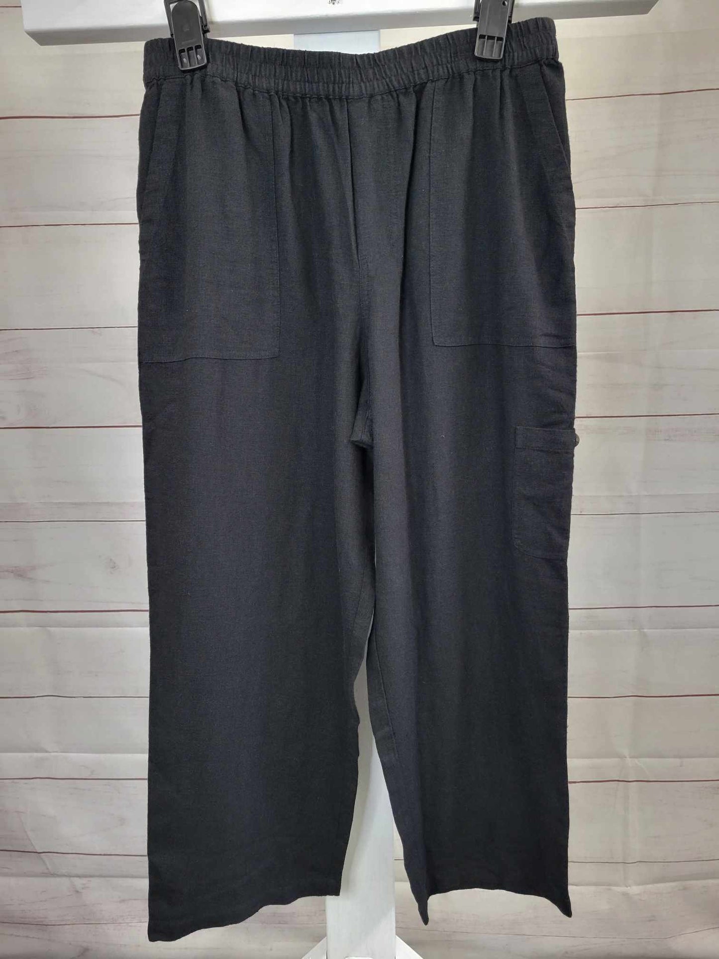 XLARGE BLACK A498821 Susan Graver Regular Pure Easy Linen Utility Crop Pant