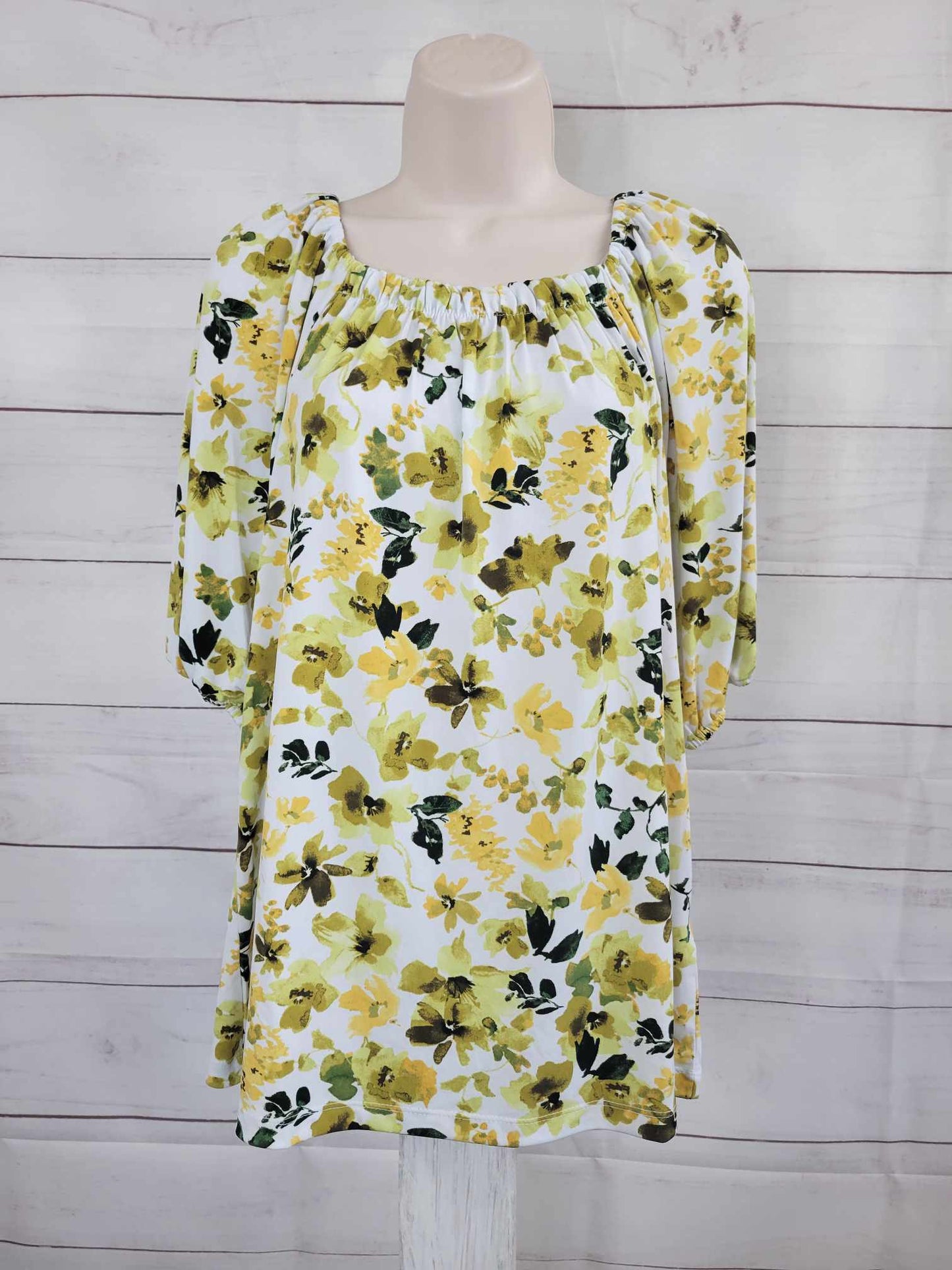 SMALL CITRON A602015 Susan Graver Printed Liquid Knit Square-Neck Peasant Top