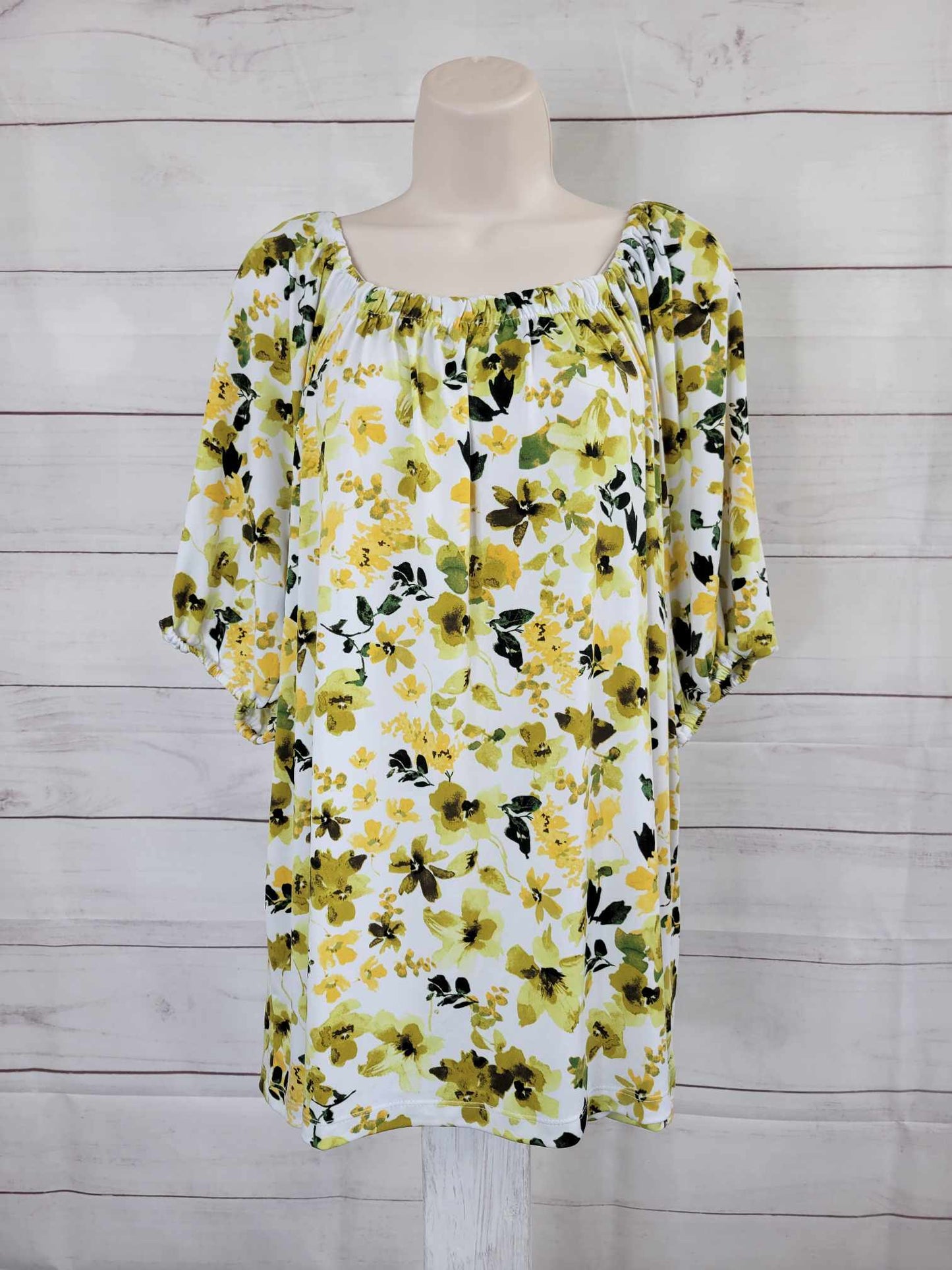 1X CITRON A602015 Susan Graver Printed Liquid Knit Square-Neck Peasant Top