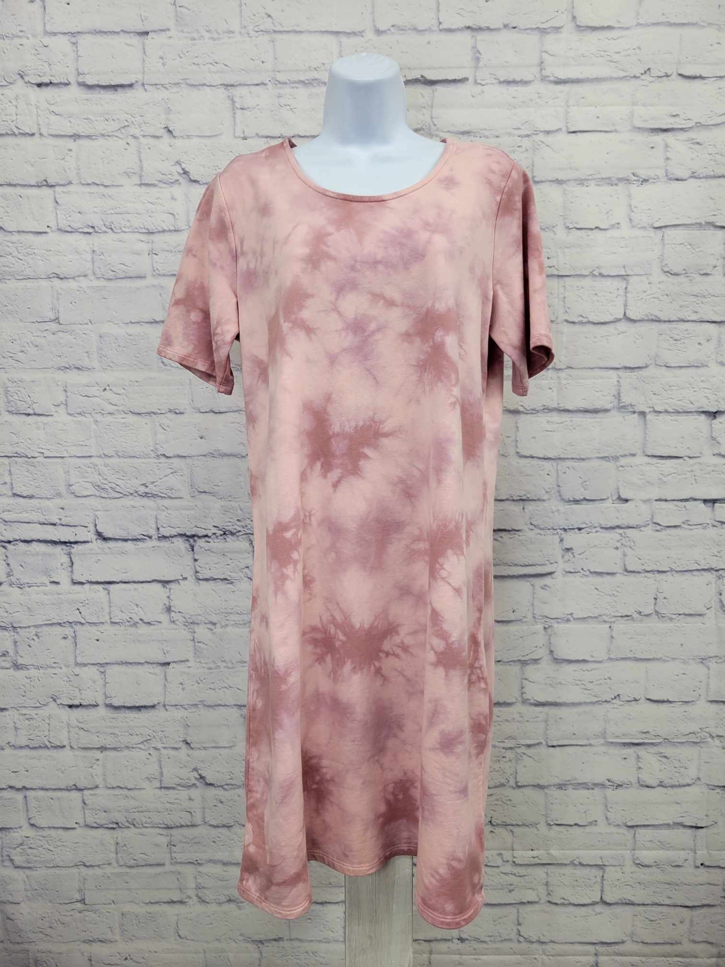 SMALL PINK A471744 Denim & Co. Regular French Terry Crystal Wash Tie-Dye T-Shirt Dress