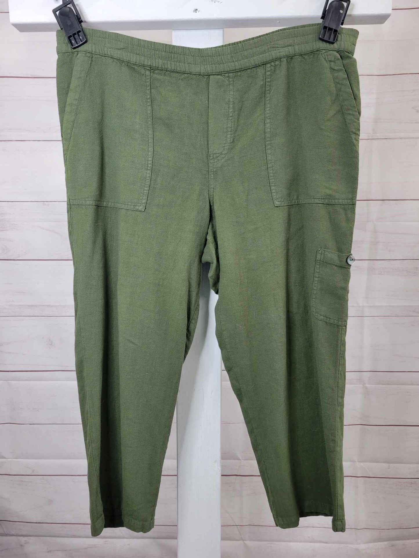 XLARGE OLIVE A498822 Susan Graver Petite Pure Easy Linen Utility Crop Pant