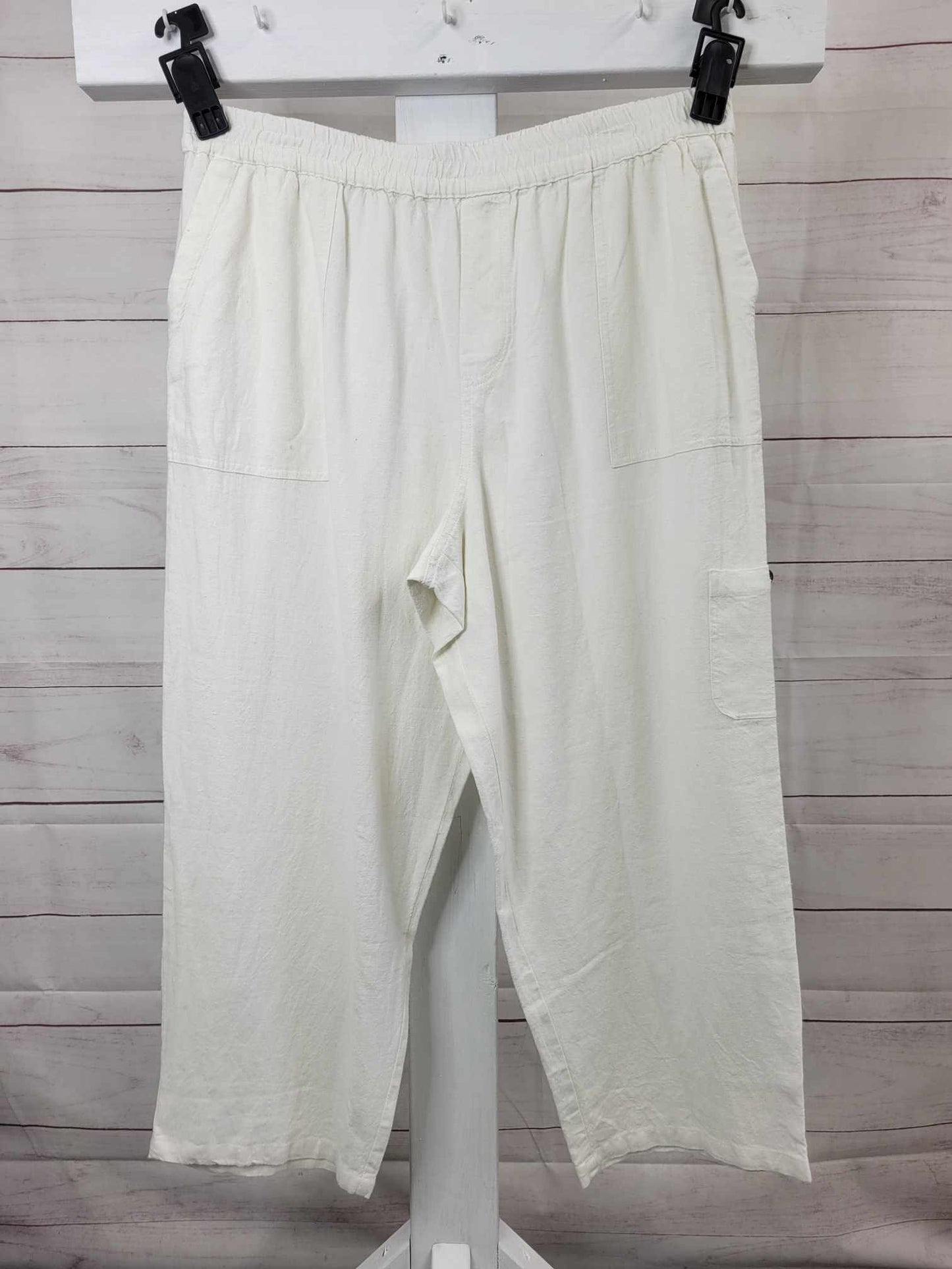 LARGE WHITE A498821 Susan Graver Regular Pure Easy Linen Utility Crop Pant