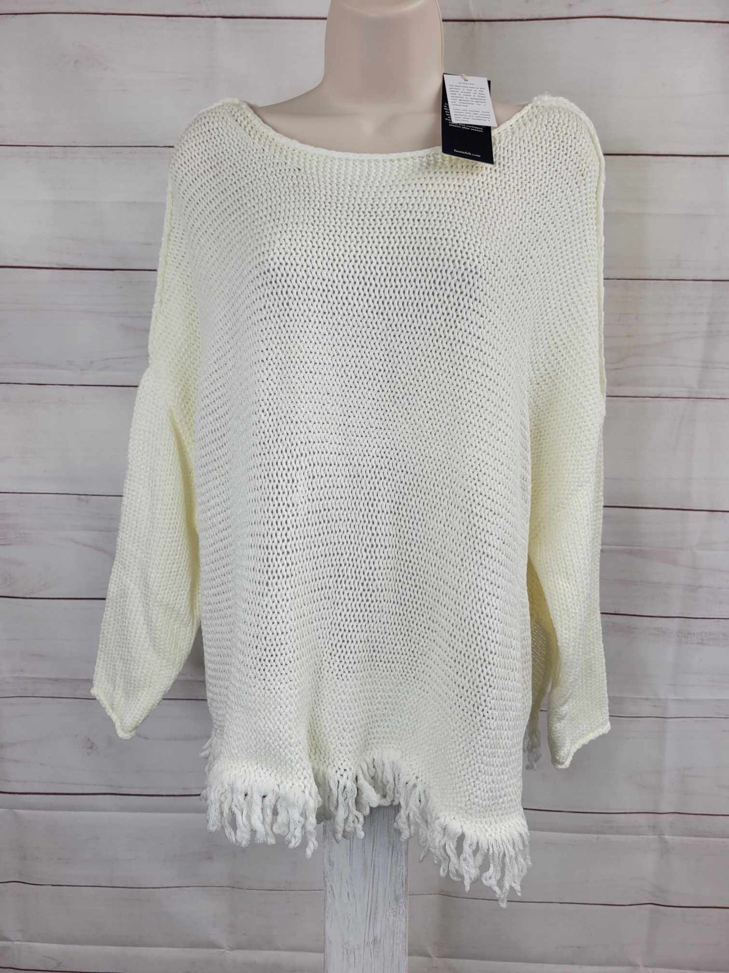 XS/SMALL RAW WHITE A399746 Laurie Felt Baja Sweater with Fringe Hem Detail