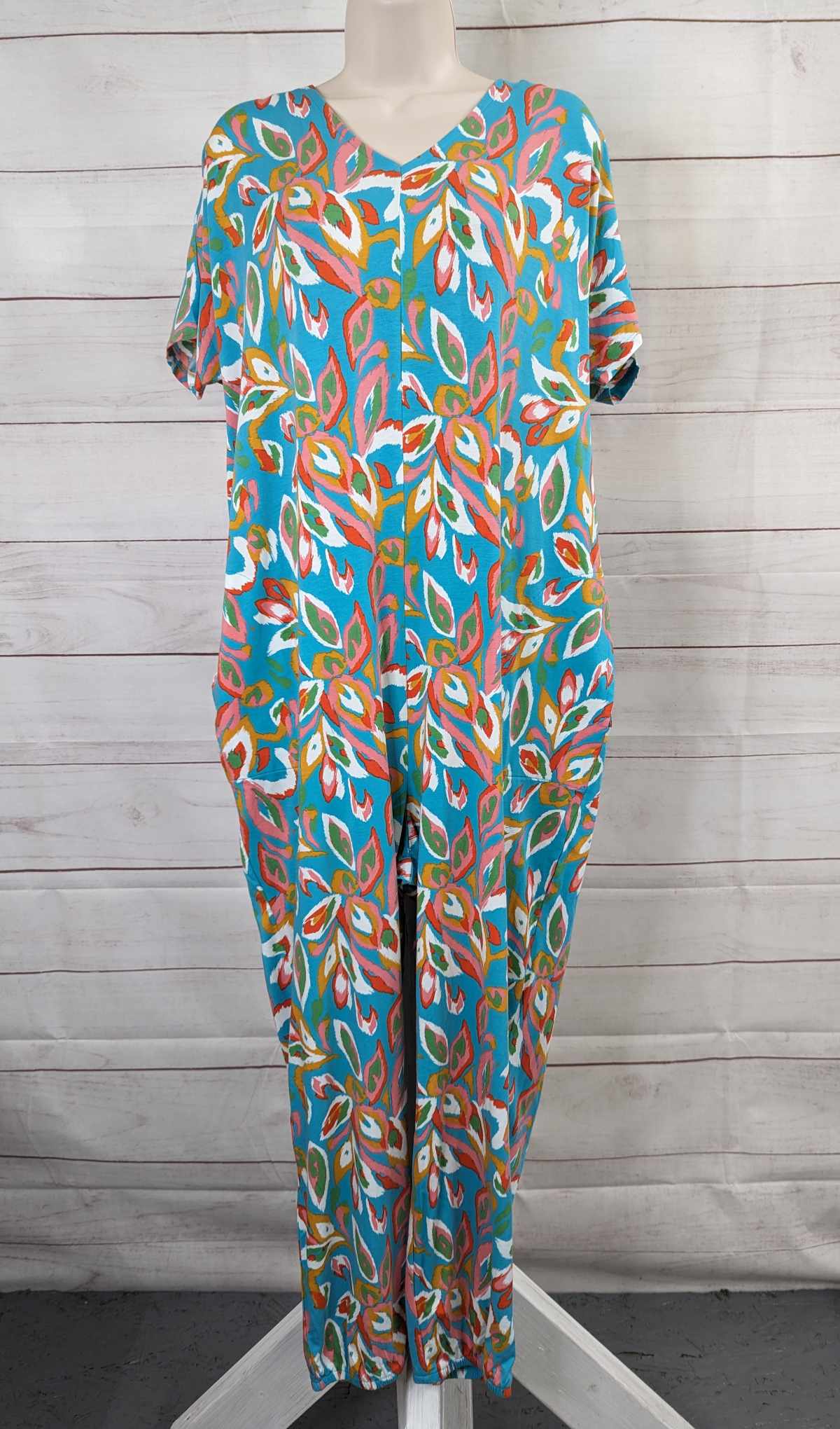 LARGE AQUA A592753 AnyBody Cozy Knit Jersey Jumpsuit with Back Smocking