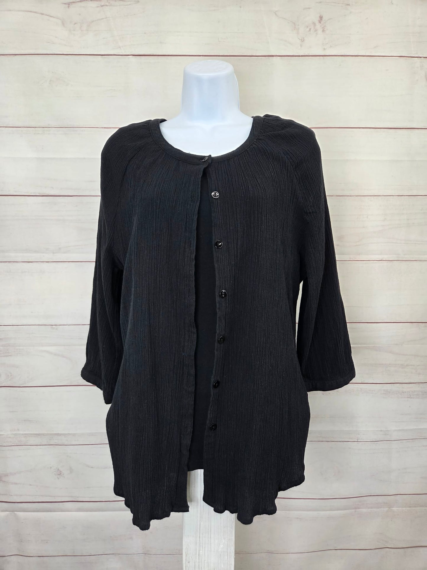 LARGE BLACK A214343 Denim & Co. 3/4 Sleeve Gauze Peasant Shirt with Knit Tank
