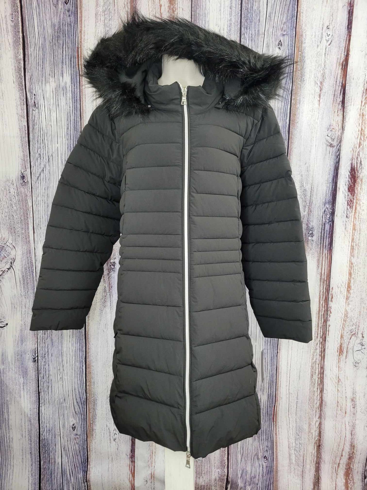 2X BLACK A546059 Nuage Regular Stretch Puffer Coat w/ Removable Faux Fur Trim Hood