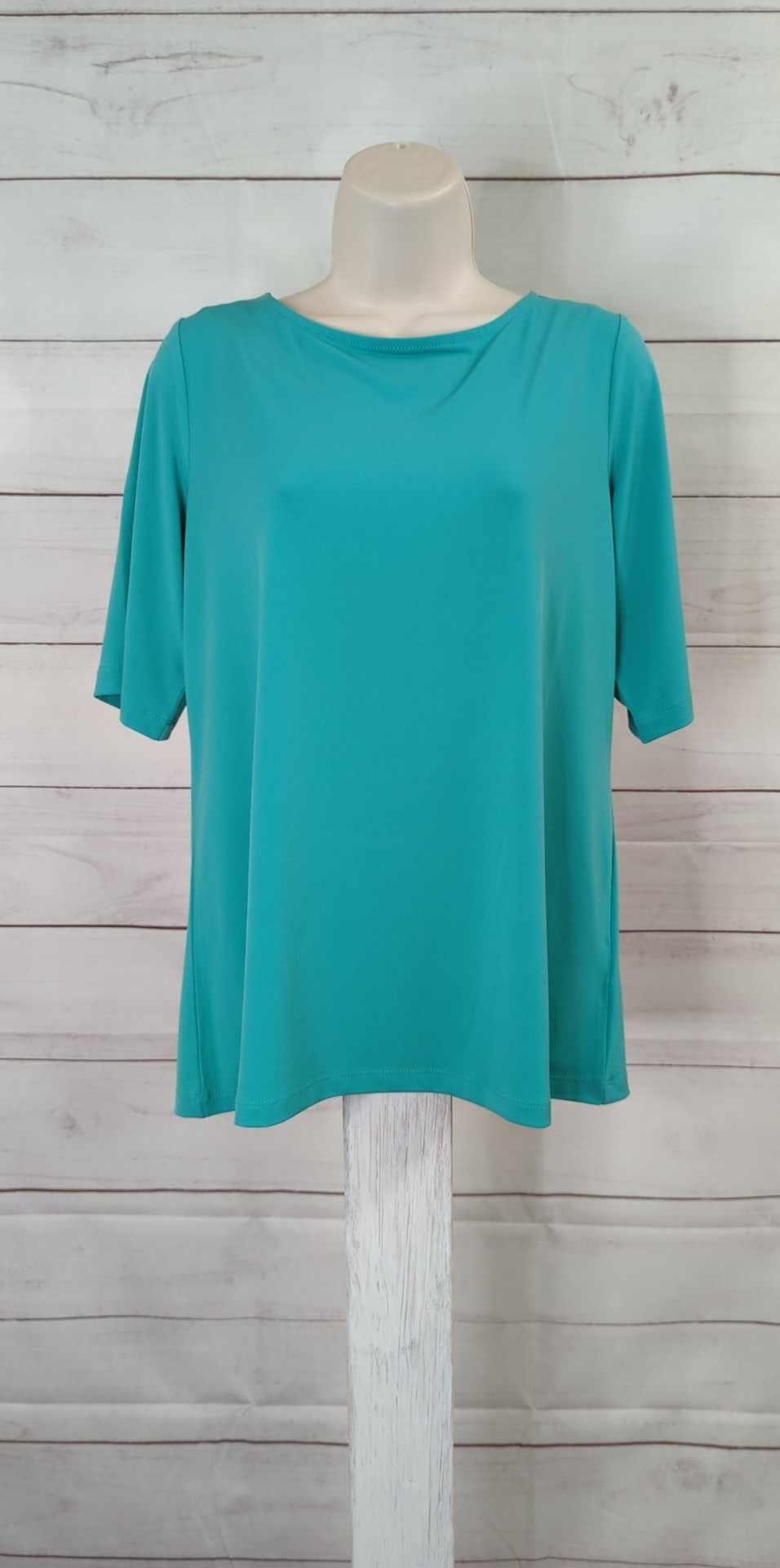 SMALL TURQUOISE A213063 Susan Graver Essentials Liquid Knit Bateau Neck Top w/Elbow Sleeves