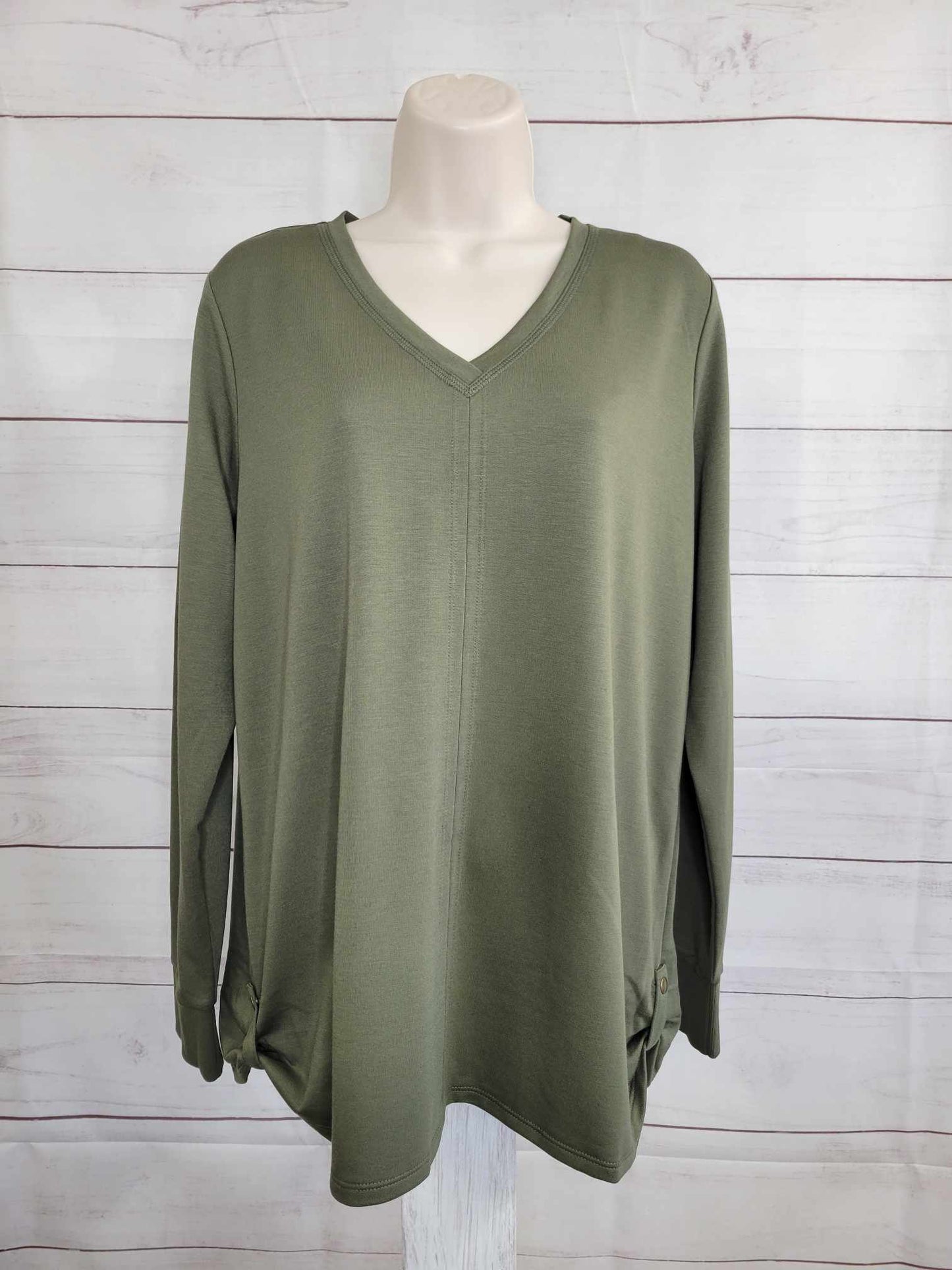 SMALL OLIVE A609974 Belle by Kim Gravel Snap to It Side Tab V Neck Top