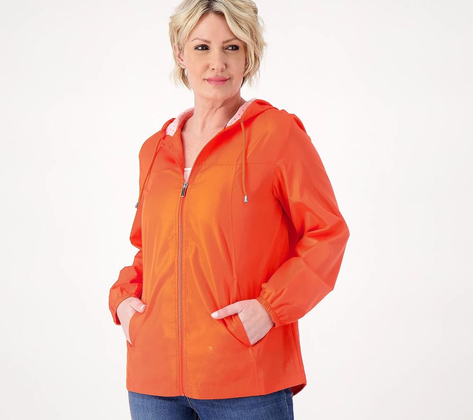 XXSMALL HOT CORAL A470640 Susan Graver Water Resistant Windbreaker with Dot Lining