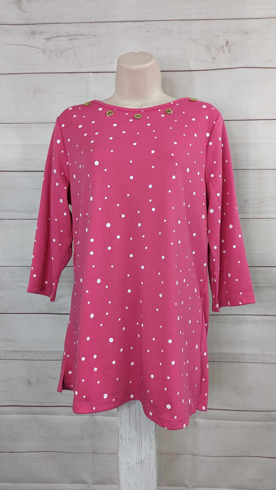 XXSMALL HOT PINK A493087 Quacker Factory Polka Dot Boat Neck 3/4 Sleeve Top