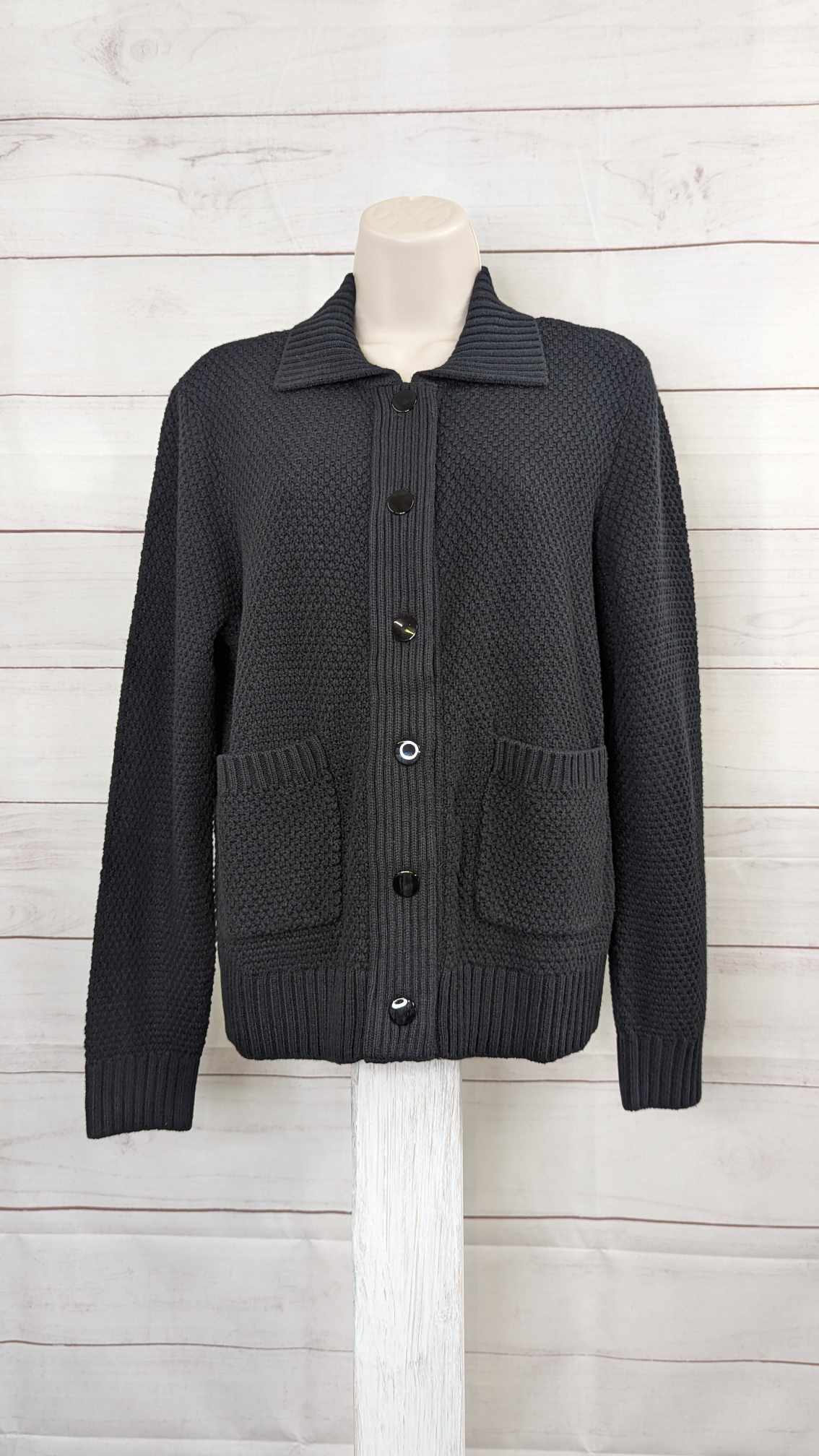 SMALL BLACK A615245 Girl With Curves Novelty Yarn Button Front Long Sleeve Cardigan