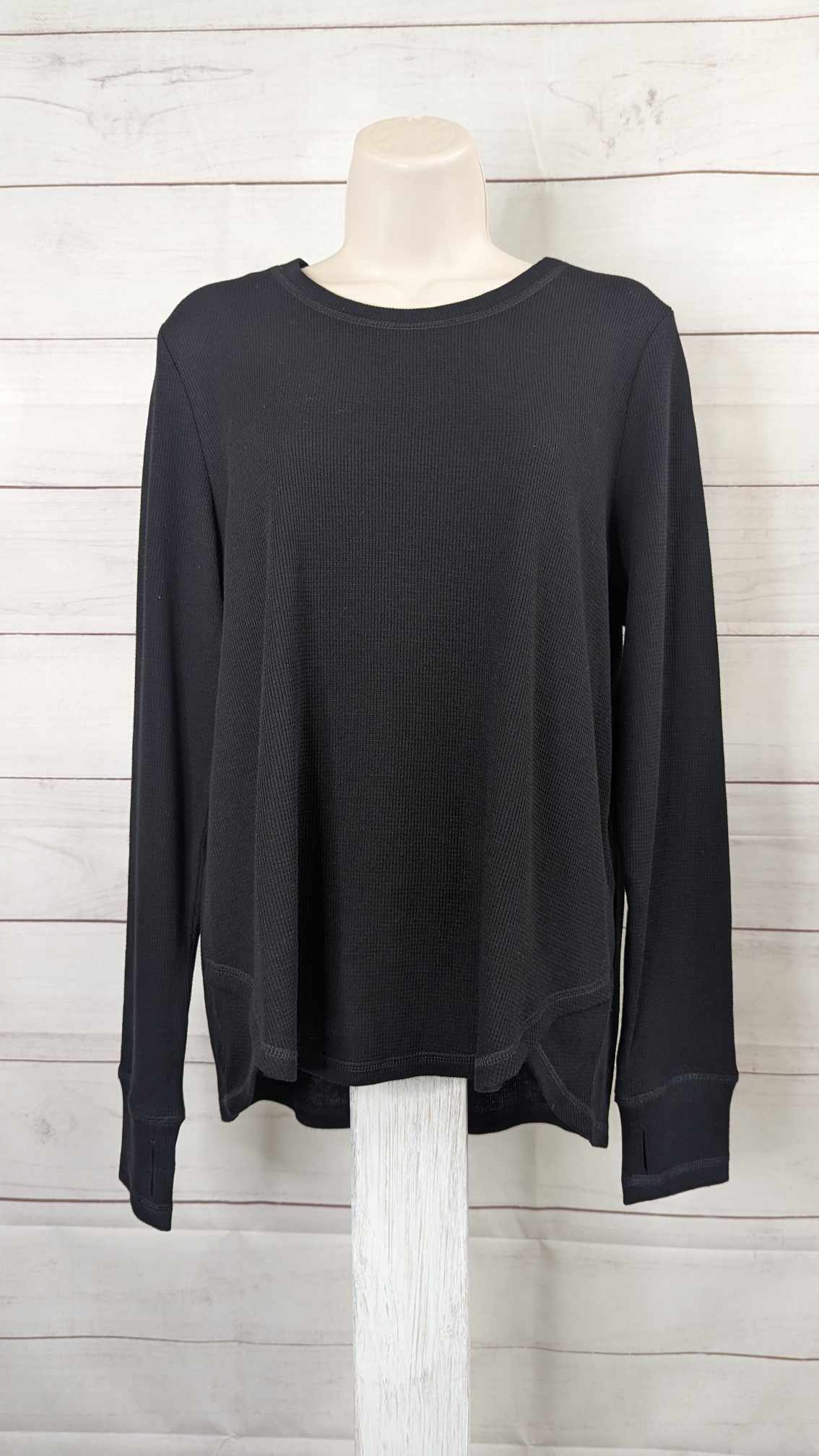 XSMALL BLACK A463117 Susan Graver SG Sport Thermal Knit Top with Thumbhole Detail