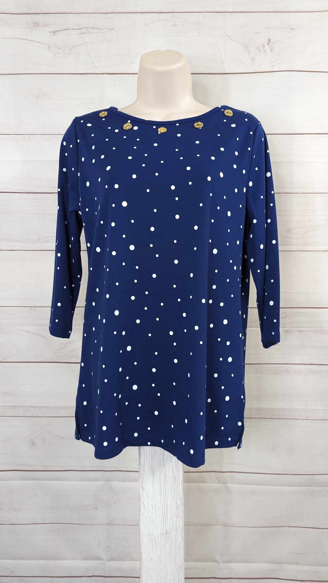 LARGE NAVY A493087 Quacker Factory Polka Dot Boat Neck 3/4 Sleeve Top