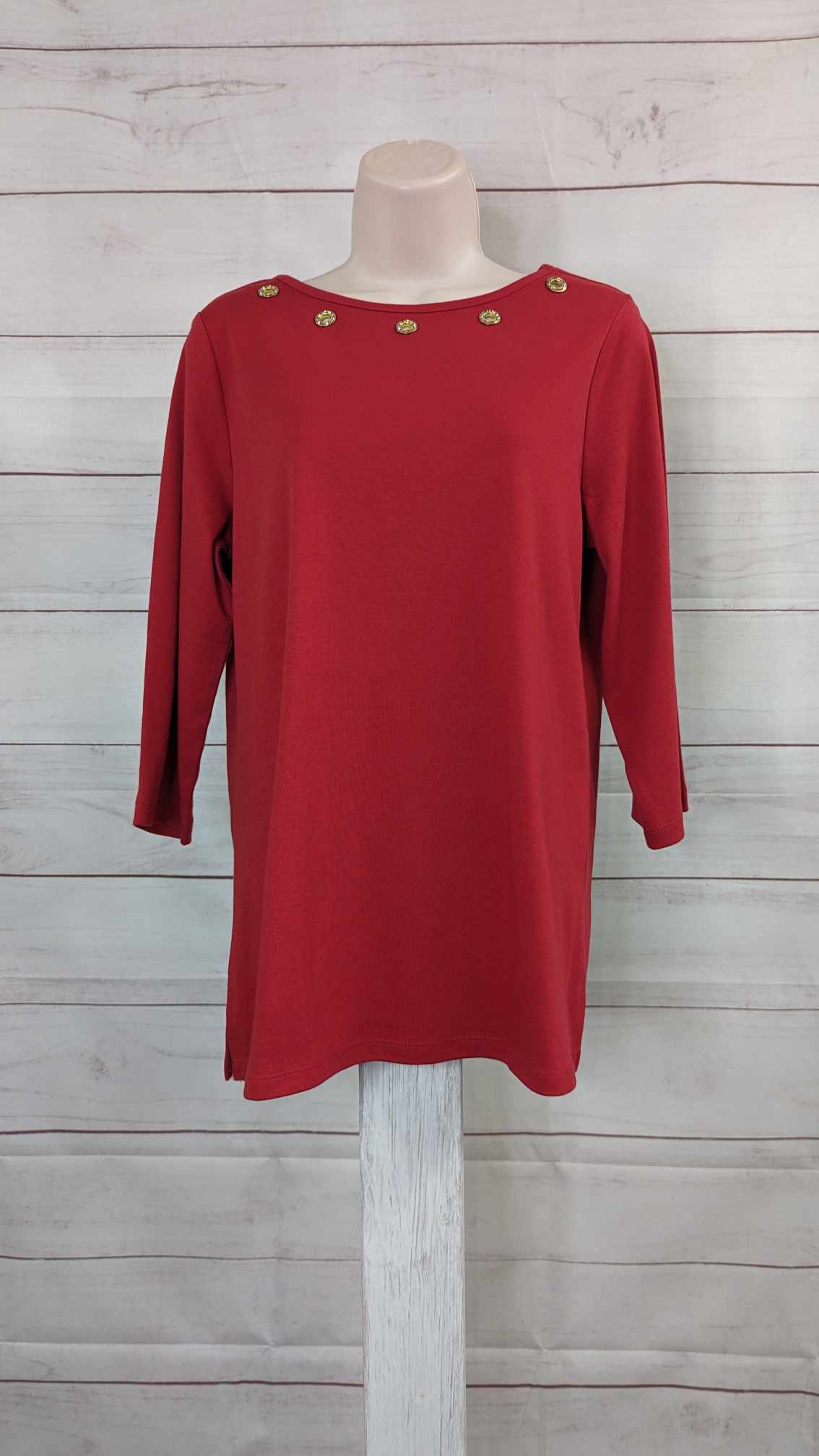 SMALL RED A493087 Quacker Factory Boat Neck 3/4 Sleeve Top