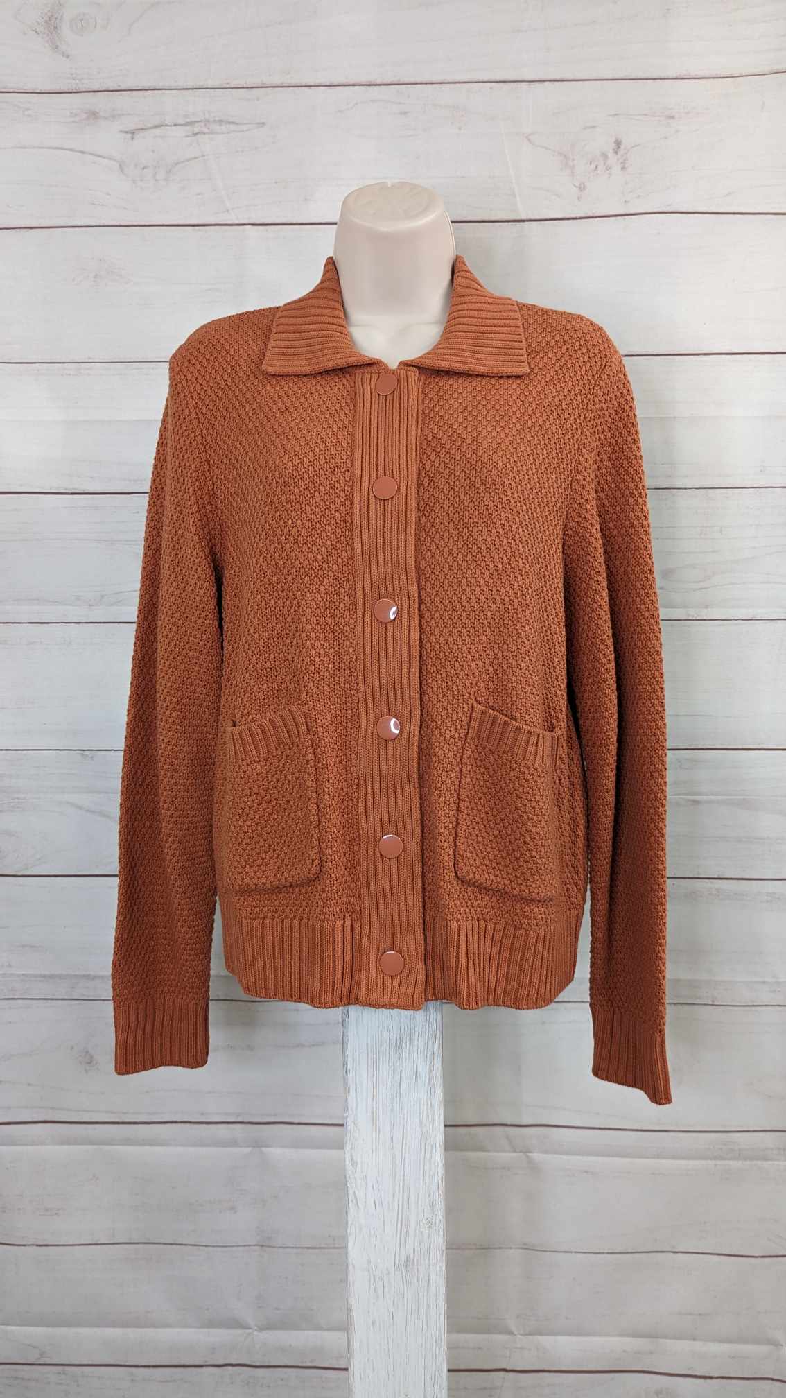 SMALL LT COPPER A615245 Girl With Curves Novelty Yarn Button Front Long Sleeve Cardigan