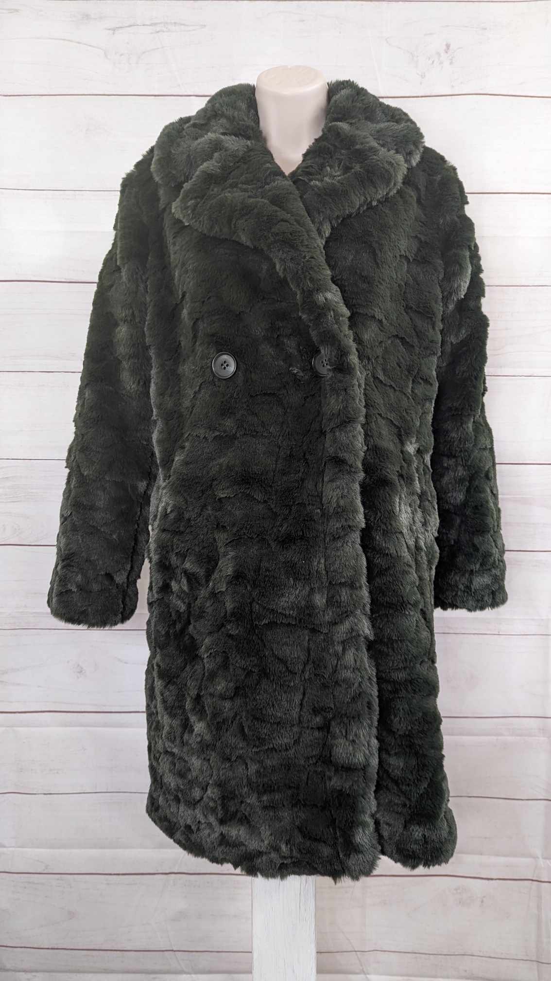 1X DARK GREEN A556120 Dennis Basso Madison Avenue Textured Faux Fur Coat