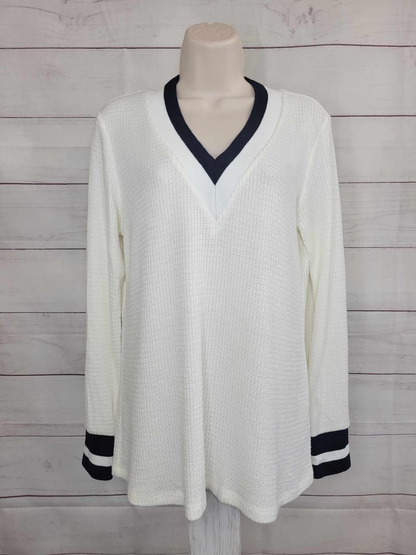 SMALL IVORY A467189 Susan Graver Weekend Brushed Waffle Knit Top w/Striped Rib Trim