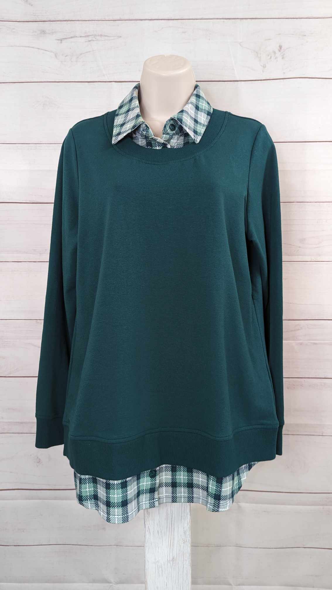 XXSMALL EVERGREEN A522963 Denim & Co. French Terry 2Fer Top with Printed Shirt Collar and Hem