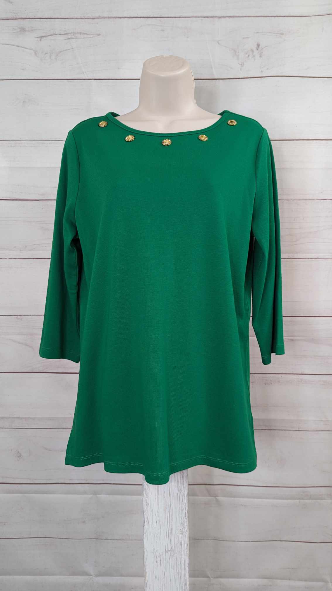 SMALL GREEN A493087 Quacker Factory Boat Neck 3/4 Sleeve Top