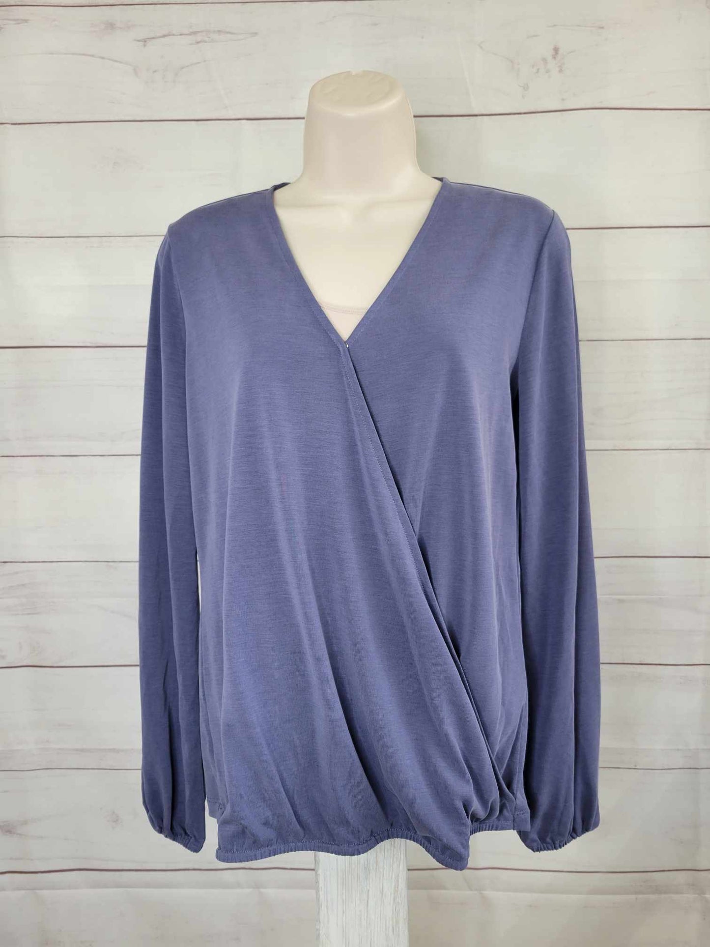 1X MUTED INDIGO A451978 Susan Graver Sueded Jersey Faux Wrap Top