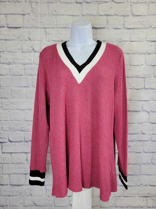 SMALL ROSE A467189 Susan Graver Weekend Brushed Waffle Knit Top w/Striped Rib Trim