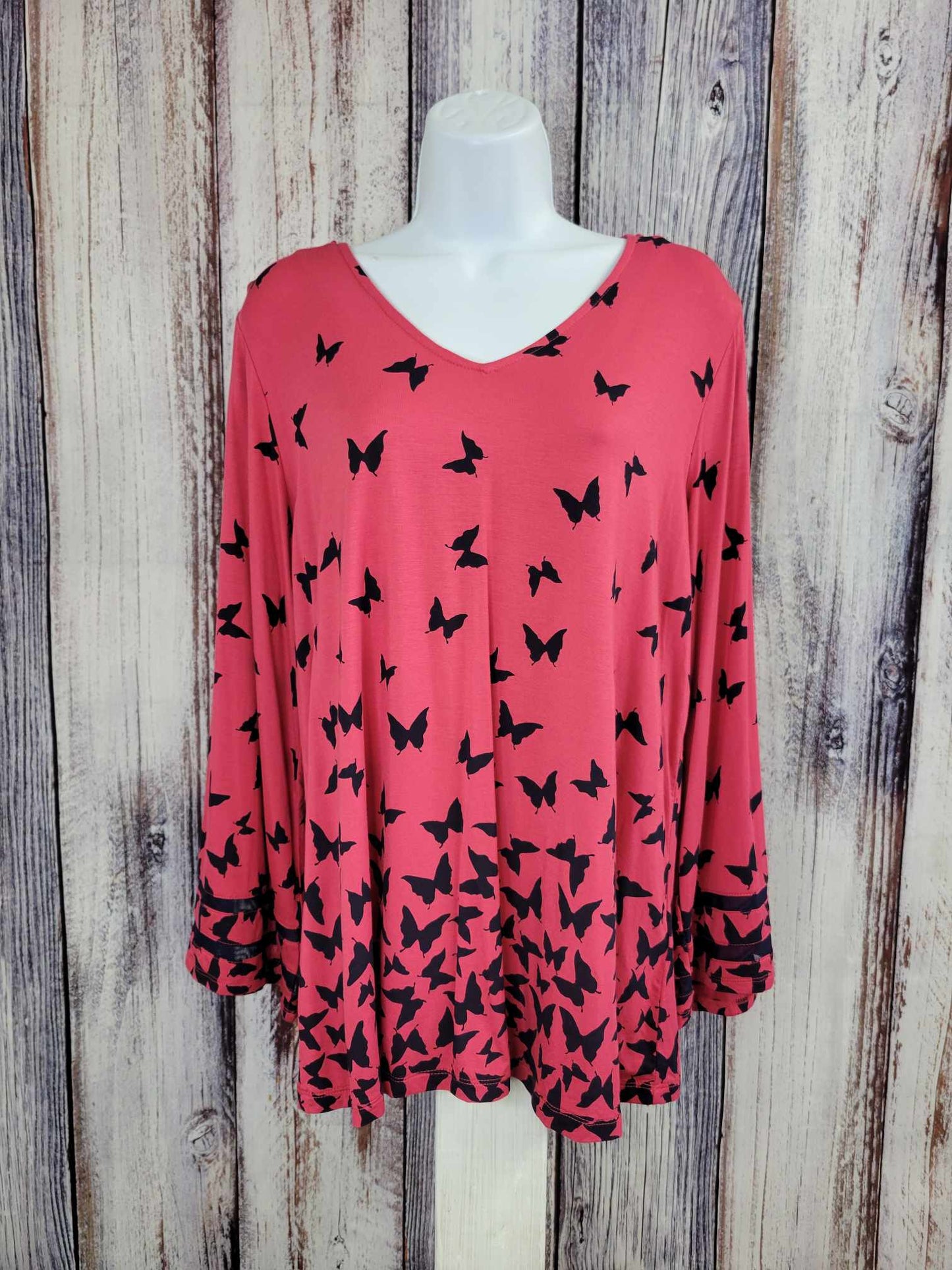 MEDIUM RASPBERRY A375873 Belle by Kim Gravel Butterfly Print Knit Top with Illusion Sleeve